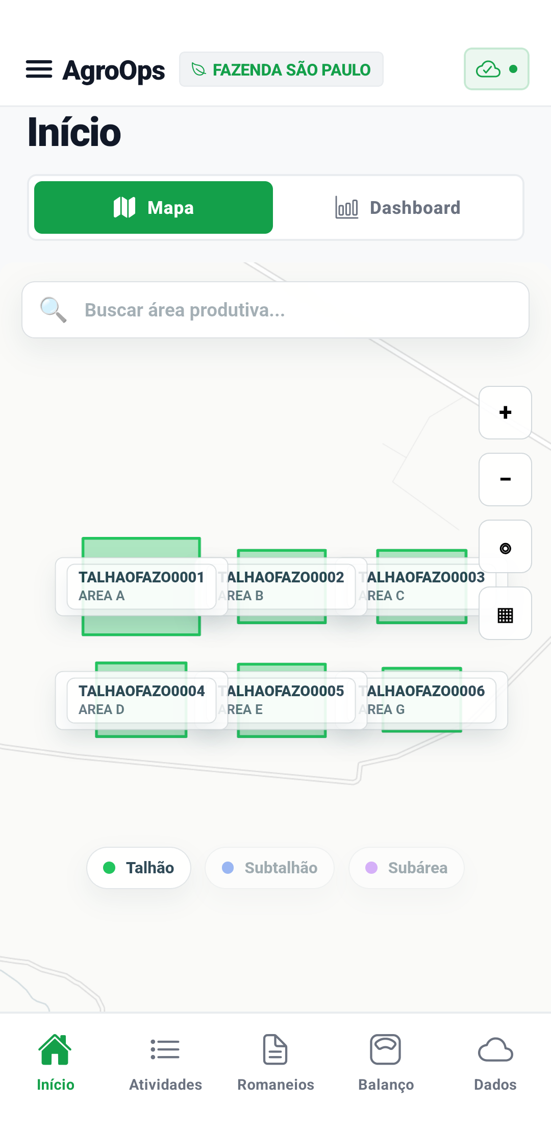Mapa das áreas produtivas no aplicativo