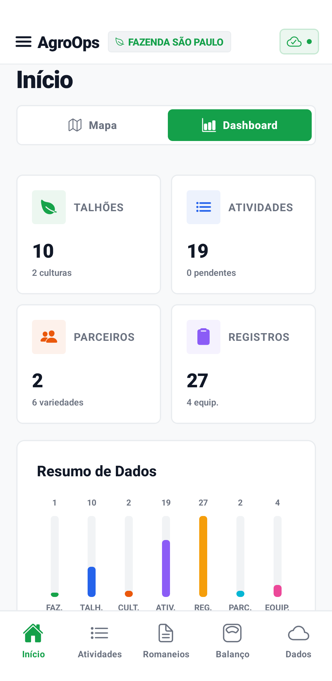 Dashboard do aplicativo AgroOps no celular