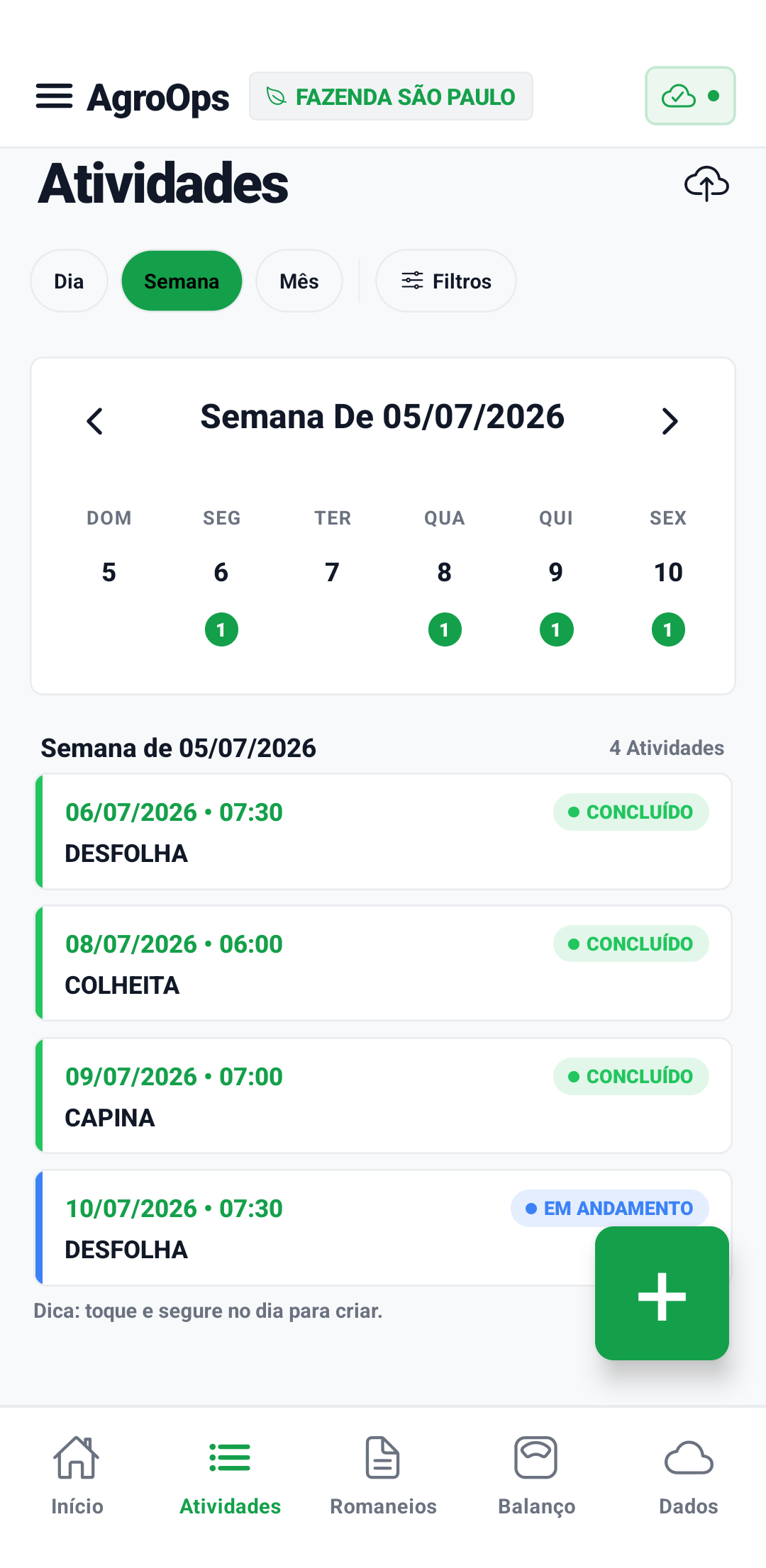 Agenda de atividades da semana no aplicativo