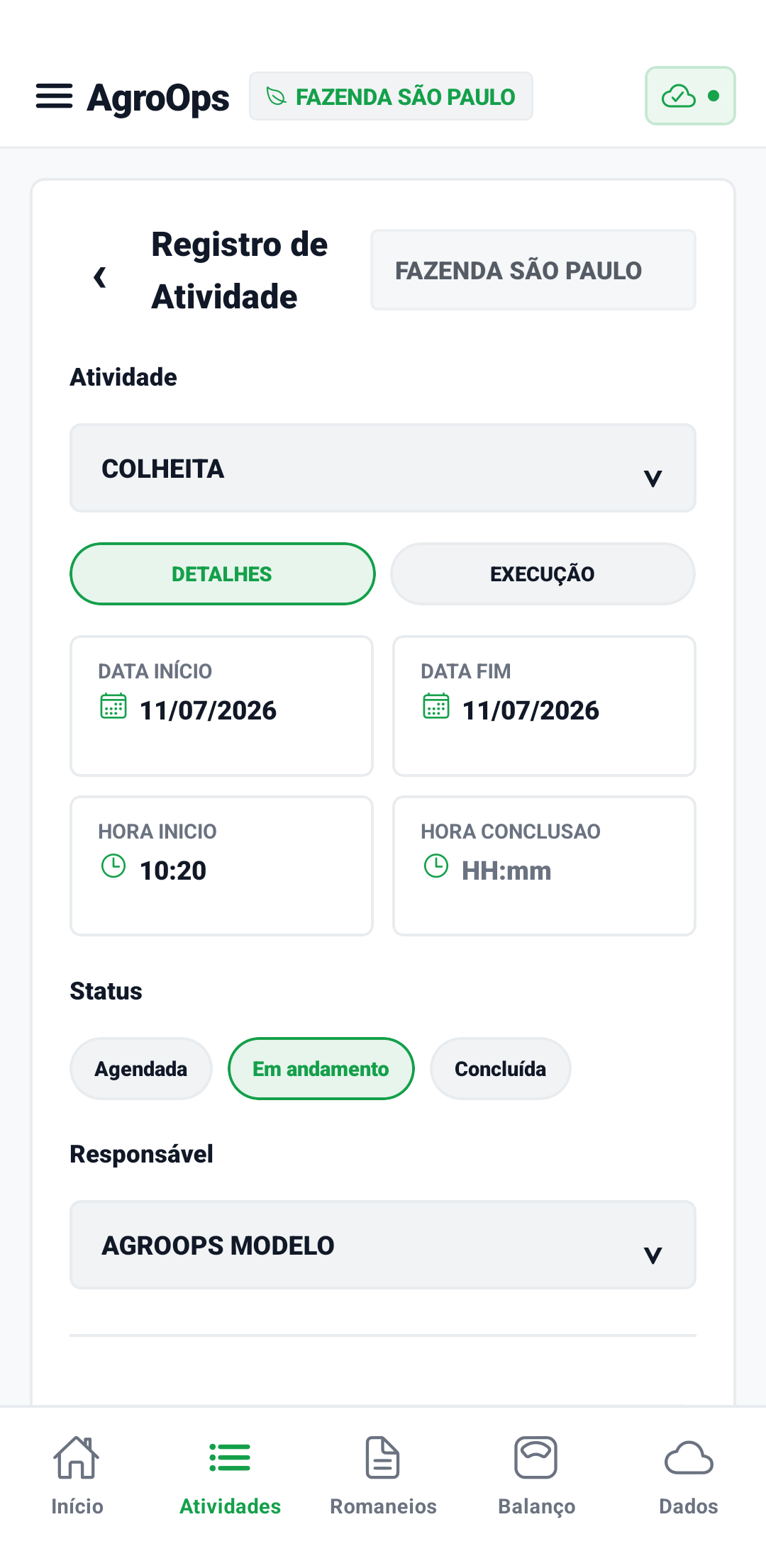 Formulário de registro de atividade no aplicativo