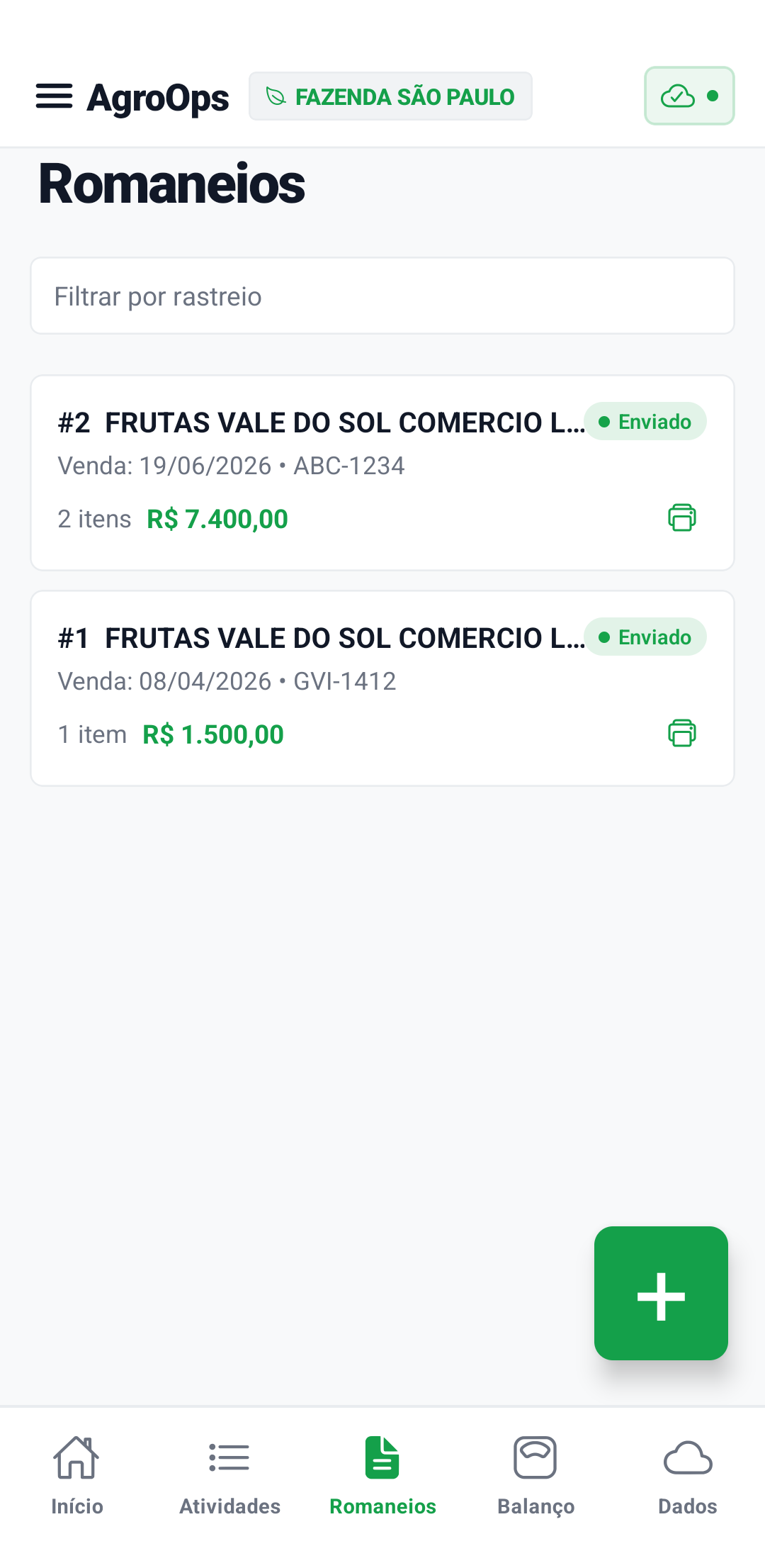 Romaneios de venda no aplicativo