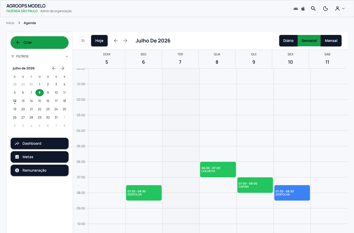 Agenda semanal com atividades executadas no campo