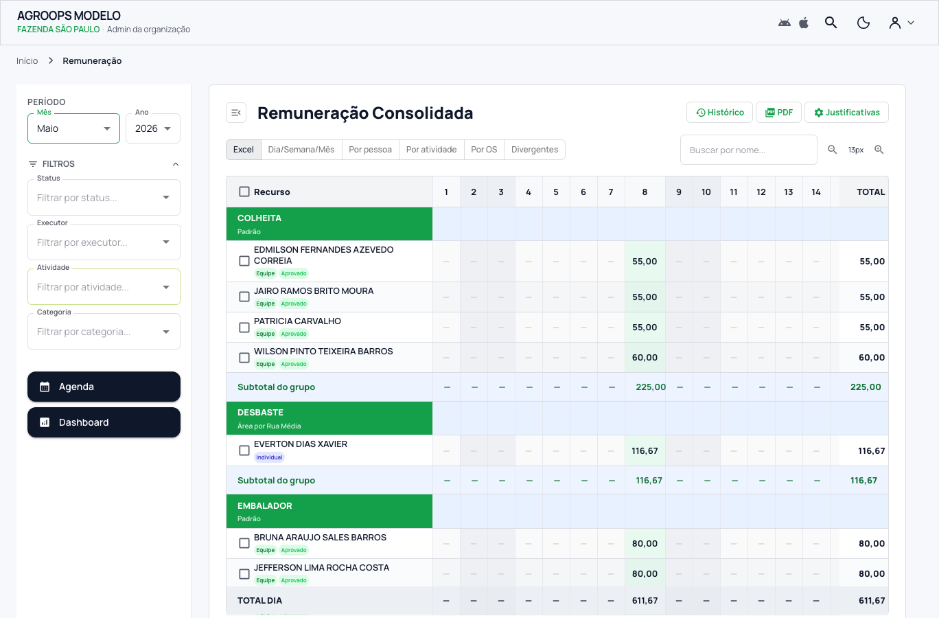 Remuneração consolidada por colaborador e atividade